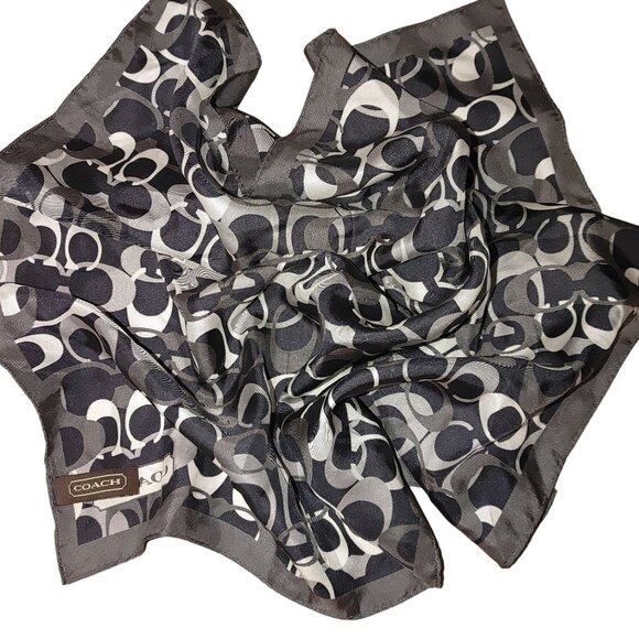 Coach Silk Logo Scarf Monogram Black White Gray Signature Designer Pattern - Picture 7 of 9